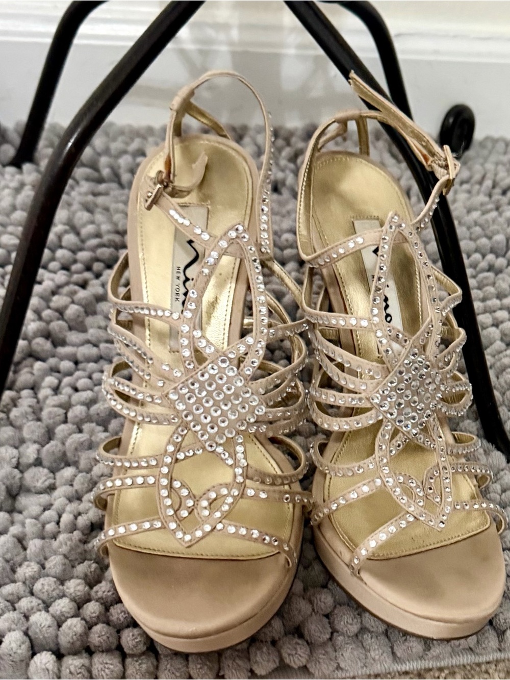 Nina Crystal-Embellished Strappy Heels in Nude